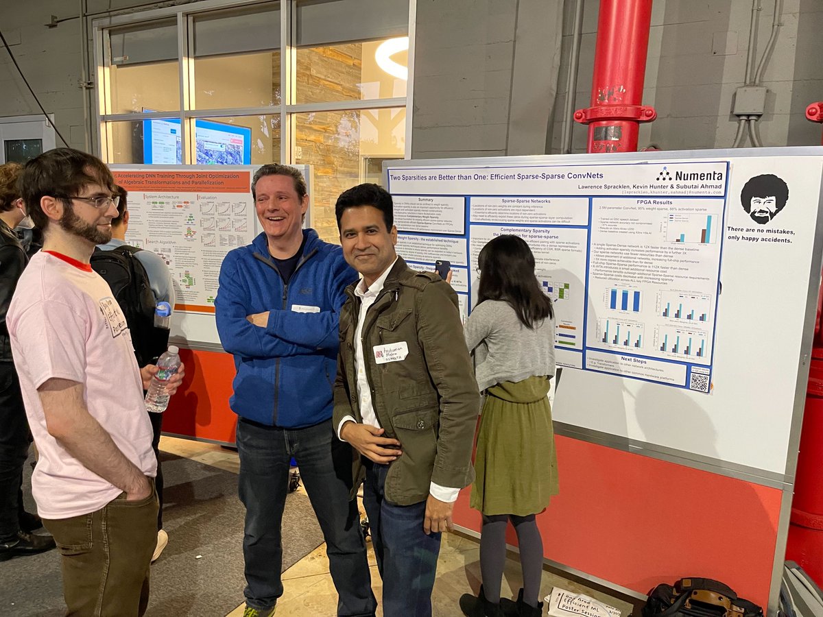 Numenta's tweet image. Our first in-person poster session in over two years! We had so much fun discussing our research and chatting with others at the #efficientML meetup yesterday. @SubutaiAhmad @spracklen @anshumanmishra  

In case you missed it, check out our poster here: numenta.com/neuroscience-r…