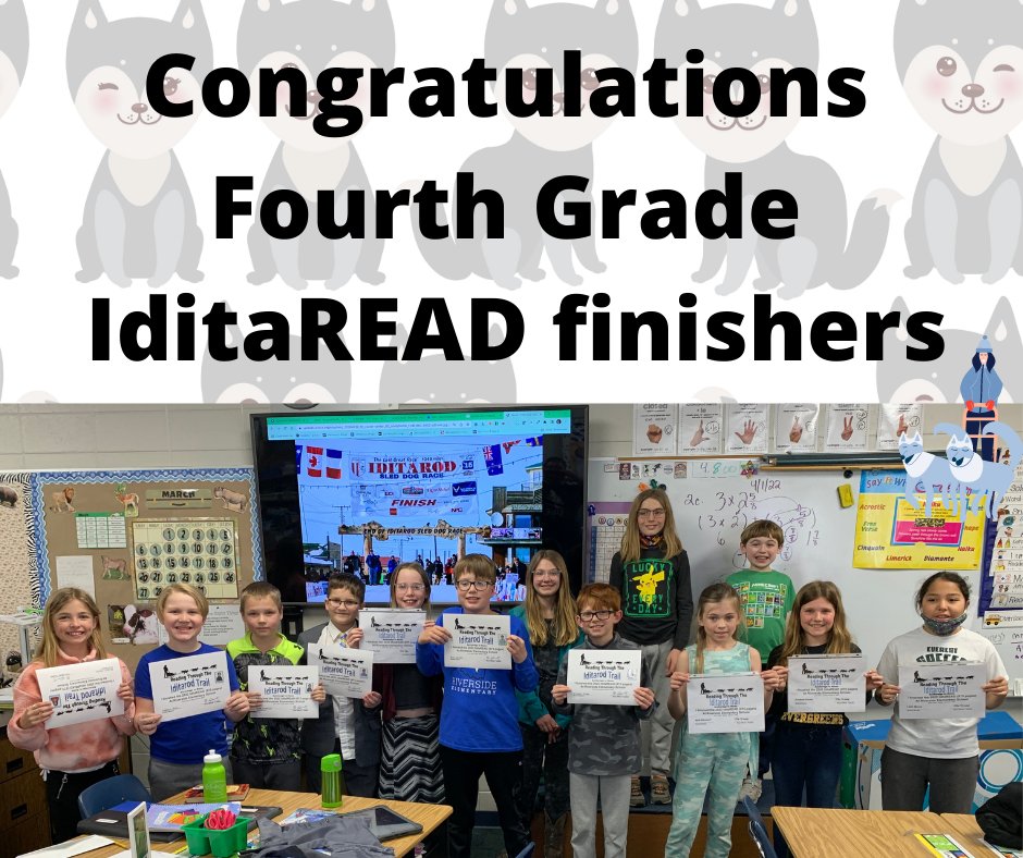 riverside4P's tweet photo. Well done Iditaread finishers! These students read 975 pages, one for each mile of the @The_Iditarod race. #k12 #iditarod #iditarod50 #iditaread #reading #challenge #everestpride #dcetastrong https://t.co/MW6baHbK4T