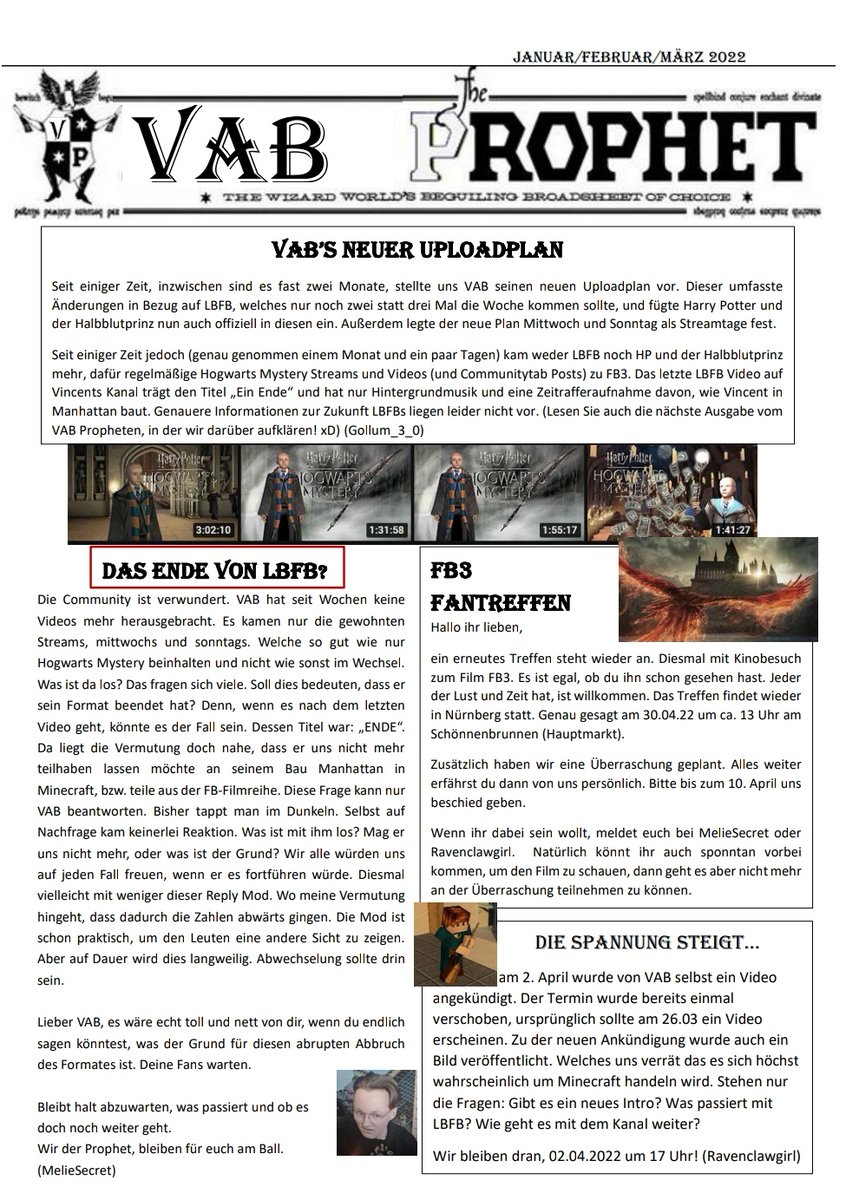 Ravenclawgirl_L's tweet photo. #VABProphet 💙
Nach einer kleinen Pause ist er wieder da...
Hier seht ihr die aktuellen Themen vom YT Account @VAB_YT . Es geht um LBFB, den neuen Uploadplan und eine kleine Geschichte wurde geschrieben.
Nicht zu vergessen das Fantreffen zu FB3!!!😍
Danke an die Autoren! <3 https://t.co/TeNa2Utrs5