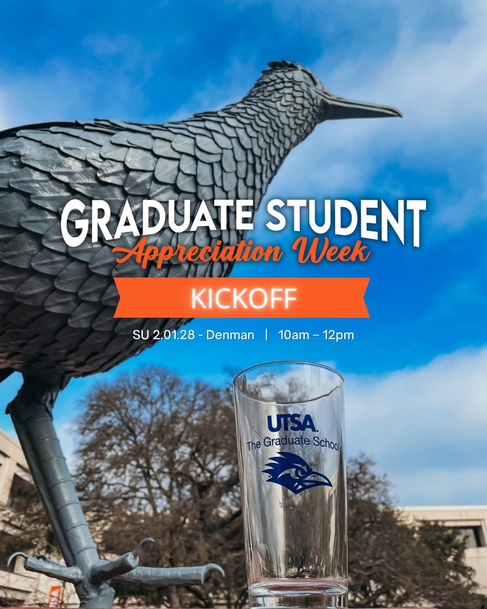 UTSAGradSchool's tweet photo. Graduate Student Appreciation Week starts Monday! 🤙 Stop by our inaugural Kickoff event for free food and giveaways 💙🧡 We’re excited to see you, ‘Runners! View all GSAW events: https://t.co/BhGNAm32aG 🔗 #utsa #utsagradschool #utsagsaw #gsaw https://t.co/u9SMHiyoCt