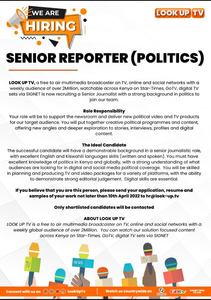 cbs_ke's tweet photo. Job Opportunity Alert!
LOOK UP TV the fast-growing Kenyan Television Network is looking for; Senior Reporter (Politics) and Sales Executives.
Do you know any who meets those requirements?
Share widely #IkoKazi #IkoKaziKE #SwitchToLookUpTV today for fresh news and Edu-Tainment. https://t.co/7JbfSDtpGG