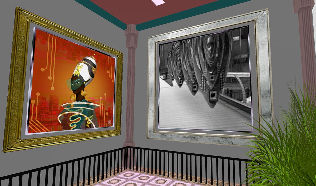Check out these beautiful pieces by <a href="/metaknyts/">(((metaKnyts)))</a> and <a href="/vince_fraser/">vincefraser.eth✨👁🖤👁✨</a> in our #Afrofuturism exhibit on the second floor of our <a href="/cryptovoxels/">Voxels</a> location!

Visit them via the link below (accessible via smartphone, computer or #VR Headset)

cryptovoxels.com/play?coords=SE…