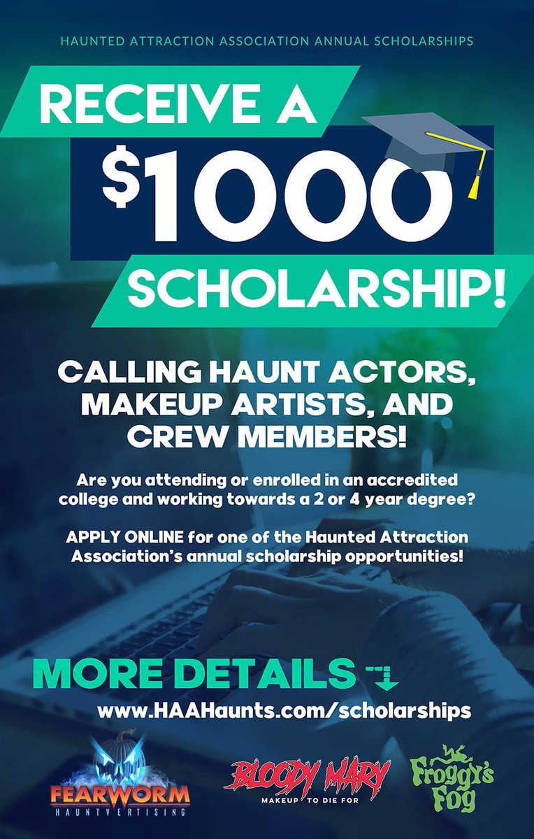 APPLY NOW FOR A $1,000 SCHOLARSHIP! 2023 applications are now open!

Available to any actor, makeup artist, or other cast/crew of any HAA member’s attraction. *must be above the Associate member level.

DETAILS &amp; APPLICATION: ⬇️
hauntedattractionassociation.com/scholarships