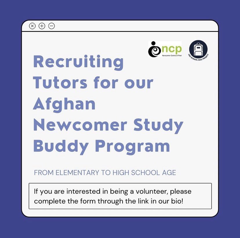 SchoolBagProj's tweet photo. Recruiting Tutors for our Afghan Newcomer Study Buddy Program.

For further information, visit our website, where you will also find the sign-up form linked below.
https://t.co/hpqk8re3uV https://t.co/tGVSQ9pJQX