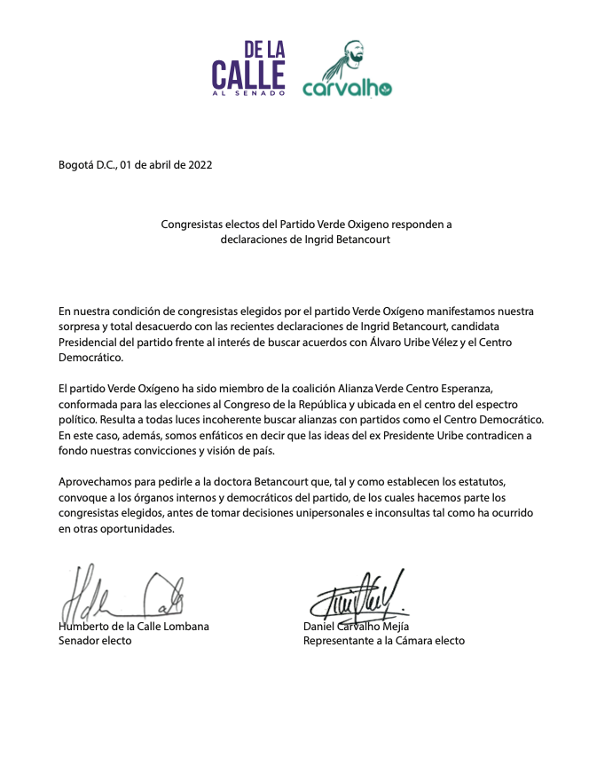 Junto con <a href="/davalho/">Daniel Carvalho</a>, como únicos congresistas elegidos de <a href="/verdeoxigenocol/">Partido Verde Oxigeno</a>, manifestamos nuestro desacuerdo con los acercamientos entre <a href="/IBetancourtCol/">Ingrid Betancourt Pulecio</a> y el expresidente Álvaro Uribe. El Centro Democrático contradice nuestra visión de país y nuestras convicciones.