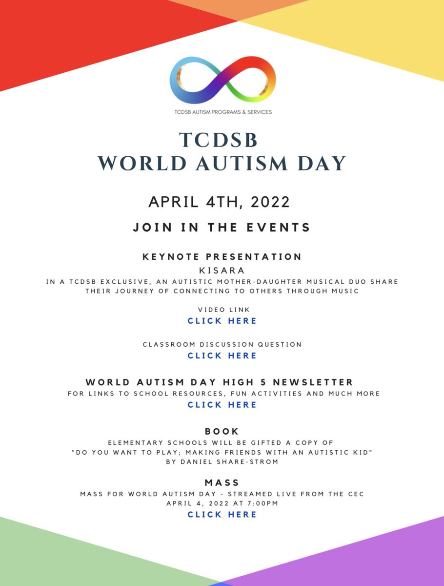 msiamundo's tweet photo. April 4 is our World Autism Day event 🥳 We’ve got music, classroom discussion, a book, a Mass, &amp; a newsletter full of helpful links and resources!! Make sure to check your emails for info forwarded by your principal &amp; join us to learn more about neurodiversity🌈♾ @TCDSB https://t.co/6FMgwKeitn