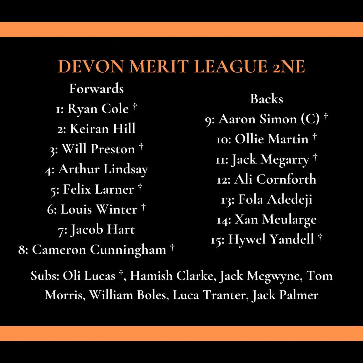 Exeter Engineers RFC (@engineersrfc) on Twitter photo Final game of the season as the first XV travel up to <a href="/southmoltonrfc/">South Molton RFC</a> 2s.
Plenty of boys pulling on the orange and black for the final time (denoted by †). Best of luck lads. Let's end it with a win!
#UptheNeers #TheOrange 🍊
#AnyDegree #AnyAbility Final game of the season as the first XV travel up to <a href="/southmoltonrfc/">South Molton RFC</a> 2s.
Plenty of boys pulling on the orange and black for the final time (denoted by †). Best of luck lads. Let's end it with a win!
#UptheNeers #TheOrange 🍊
#AnyDegree #AnyAbility