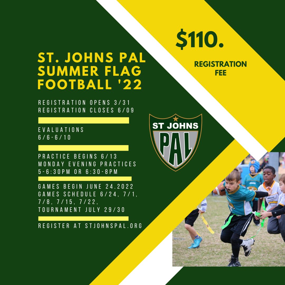 stjohnspal's tweet photo. It may be April Fools but this is not a joke!  PAL Summer Flag registration is now open!  
.
.
.
#morethanagame #palflag #summerflag #homefieldadvantage #palnation #stjohnspal https://t.co/RA9n6MSvxb