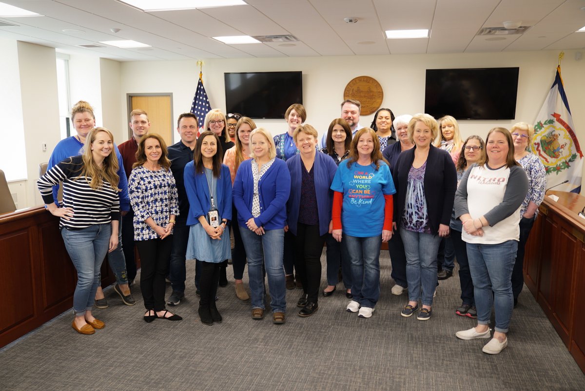 WVEducation's tweet photo. 📘💙Today the West Virginia Department of Education held a BLUE day in honor of World Autism Awareness Day (Saturday, April 2nd).WV currently services a population of approximately 3,100 students with Autism Spectrum Disorder in our public schools. #WVAutismAwareness #WVEd https://t.co/pAJpWr0wxd
