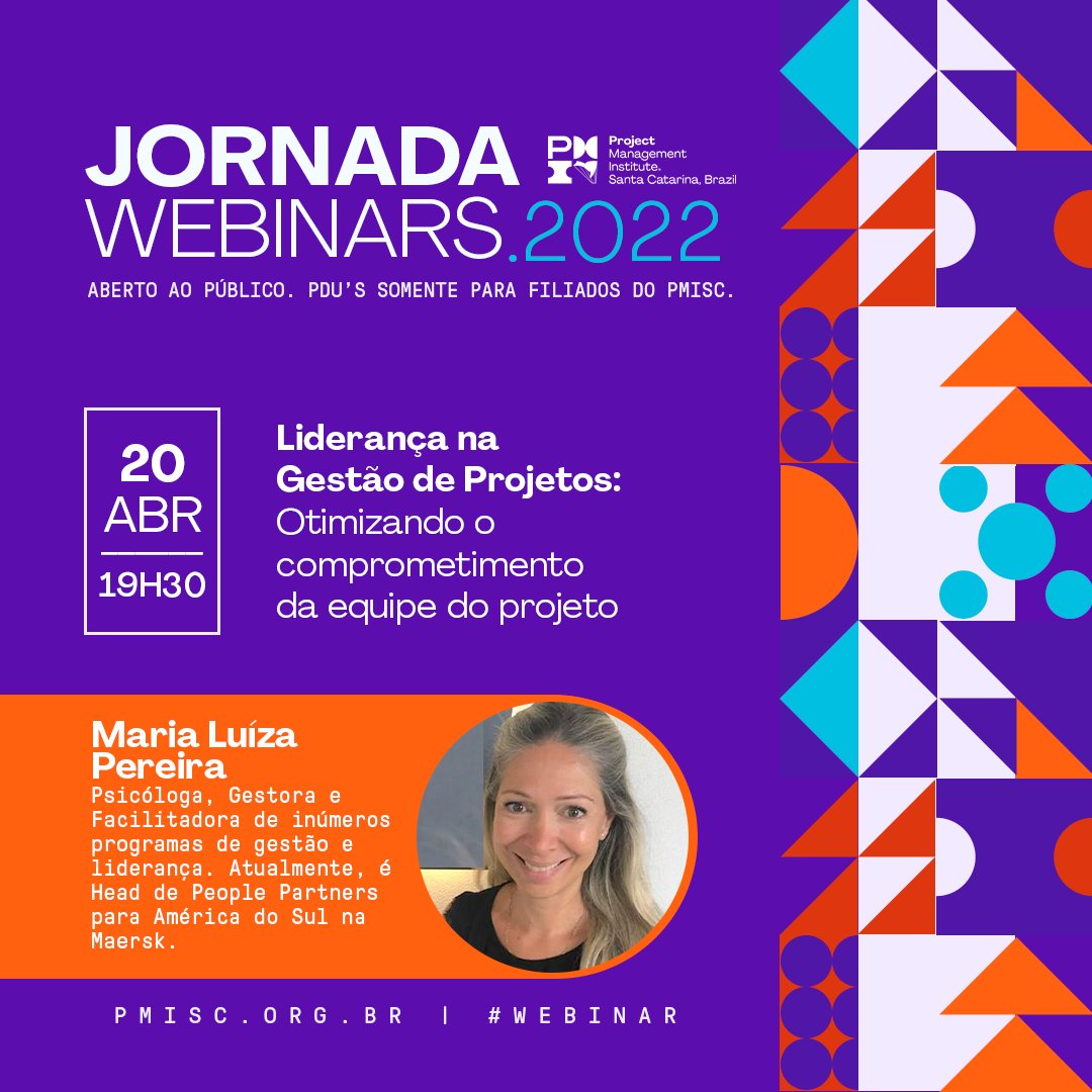 PMISC's tweet photo. #JornadadeWebinars
A convidada deste mês é Maria Luíza Pereira, Head de People Partners para América do Sul na Maersk, empresa dinamarquesa líder global de navegação, terminais portuários e logística.
Inscreva-se 😉
https://t.co/vuPaszzWzE
#PMISC #projetos #lideranca #sc https://t.co/GRwTh0E4el