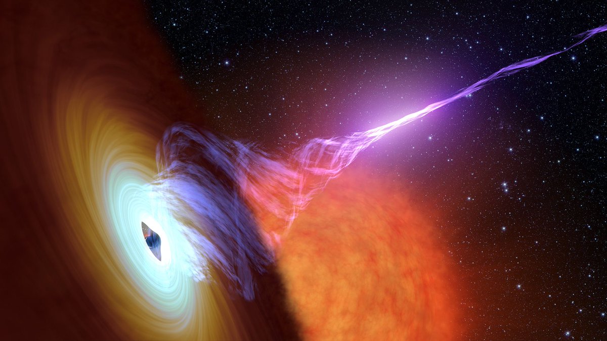 maximaxoo's tweet photo. #Space #Art: this artist’s concept shows a #BlackHole with an #AccretionDisk — a flat structure of material orbiting the black hole — and a jet of hot gas, called #plasma
https://t.co/UVPutcfsV6 via @NASA https://t.co/3MaqERvBb9