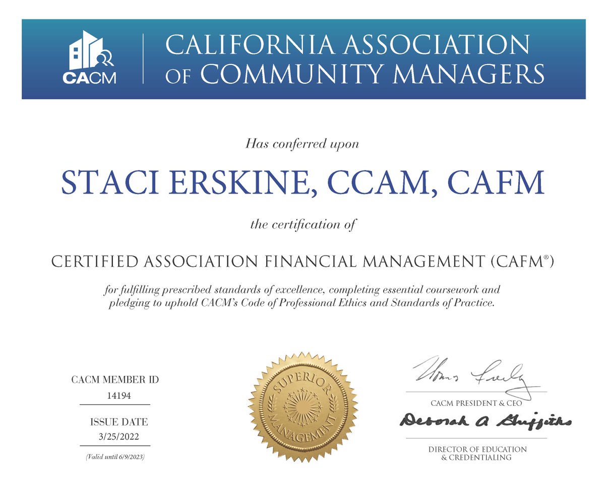 CACMchat's tweet photo. Please join us in congratulating Staci Erskine on continuing to pursue her educational development and recently earning the Certified Association Financial Management (CAFM) certificate.
#FinancialManagement #CAFM #CaliforniaCertified #ProfessionalManager #goodwithnumbers https://t.co/uJjDJtng7q