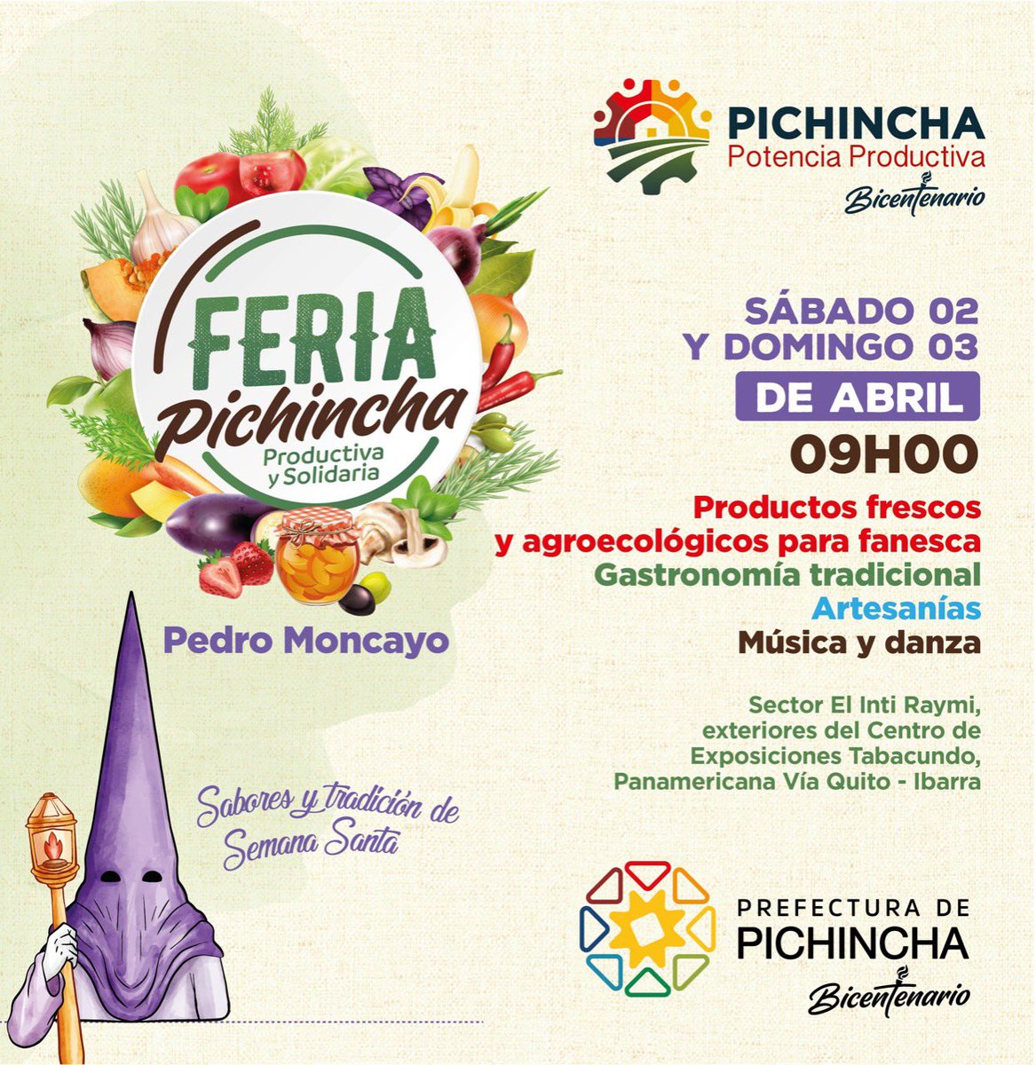 PichinchaGob's tweet photo. Se acerca la Semana Santa y en su conmemoración llevaremos la Feria Pichincha Productiva y Solidaria a #PedroMoncayo 👍😀

Te esperamos este 🗓 2 y 3 de abril, desde las ⏰09h00 en los exteriores del 📍Centro de Exposiciones Tabacundo, donde encontrarás: 

Más📲 0987551957 https://t.co/2Kj2yUfdna
