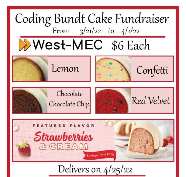 Thank you to everyone who helped out with our Bundt Cake fundraiser! The deliveries will arrive on April 25th, so stay tuned until then!
