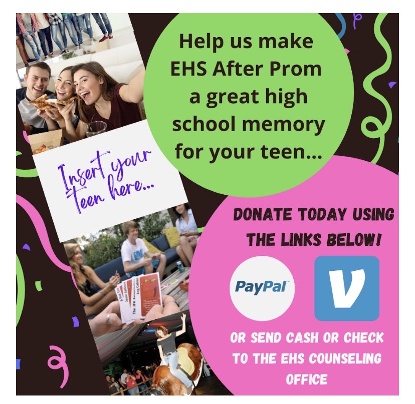 purplerussells's tweet photo. EHS After Prom...  donate at @ehsafterpromgks on Venmo or PayPal. Eat at fundraising nights! Volunteer and have your kids buy tickets! It'll be awesome ♥️🎉 https://t.co/kDoZ7xpY50