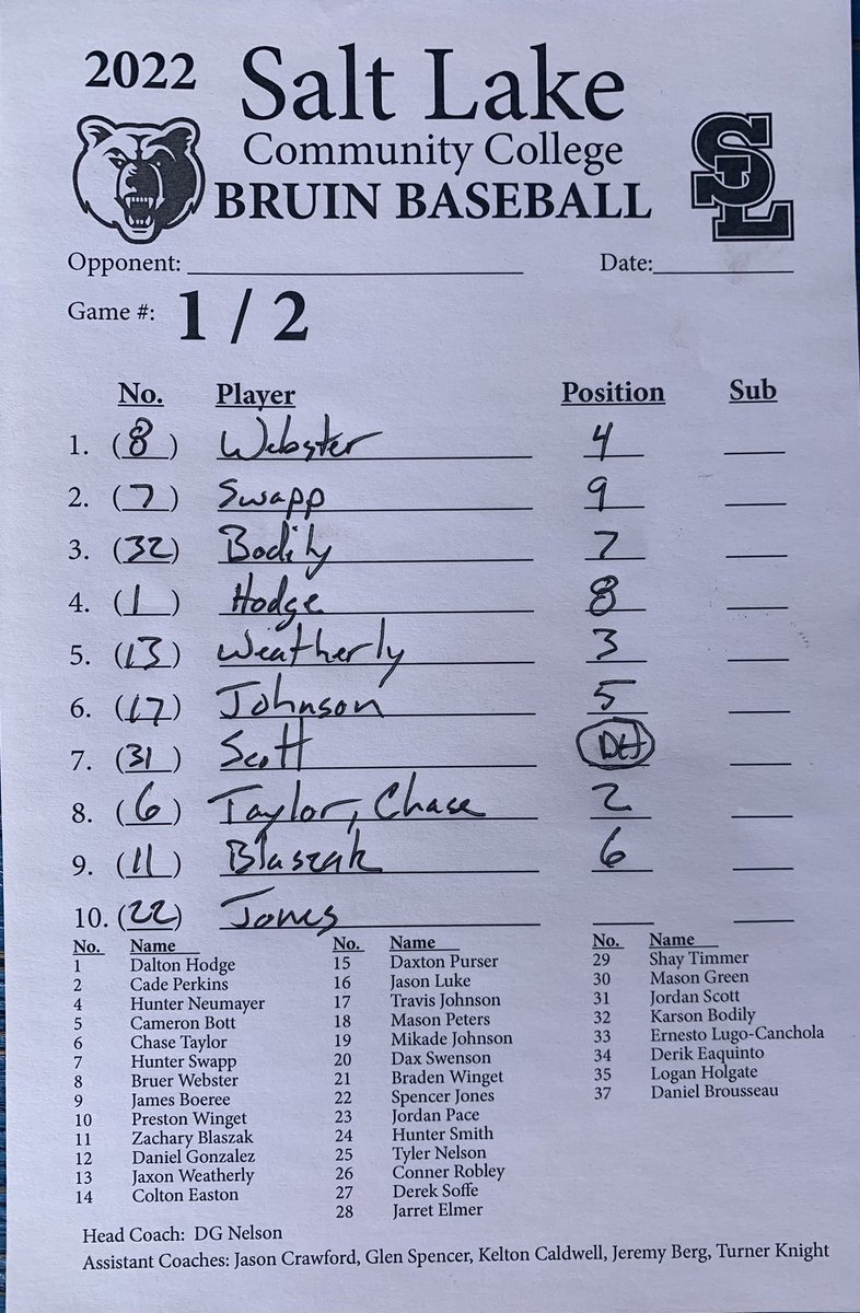 Bruins starting line-up for game 3 of 4 game series 🆚 @CCCSaintsBsb First Pitch at 3:35PM. Second game of Double Header Today. 
@BruinAthletics @PBR_JUCO @PBR_Utah