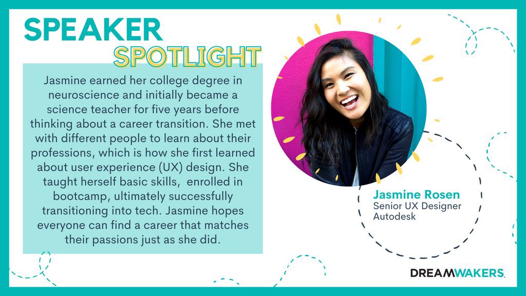 Our DreamSpeaker #Spotlight is an opportunity to highlight some of the fantastic career professionals in the DreamWakers community. This month, we are excited to feature Ms. <a href="/jasminenrosen/">Jasmine Rosen</a>, a Senior User Experience Designer at Autodesk. 💥

#sheinspiresme #uxdesign #passion