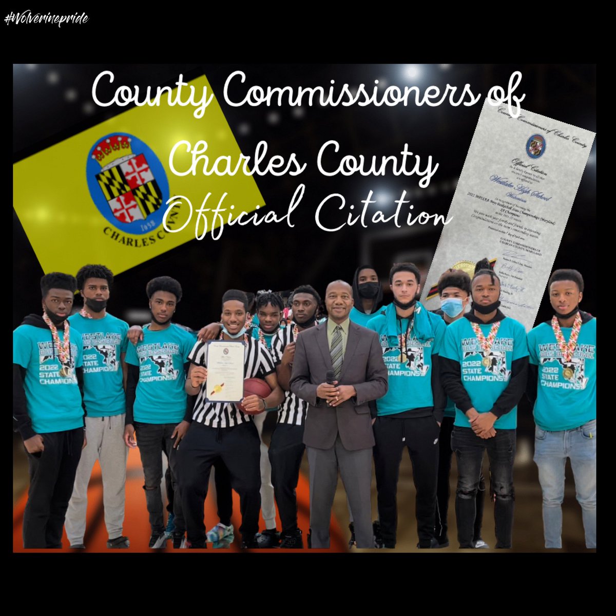 Athletics__WHS's tweet photo. On behalf of the Charles County Commissioners, President Reuben B. Collins, II, Esq. presented an official citation to the Westlake High School Boys basketball player for being the 2022 MPSSAA Boys Basketball State Championships (Maryland) 2a Champions. https://t.co/vJemvO6cSN