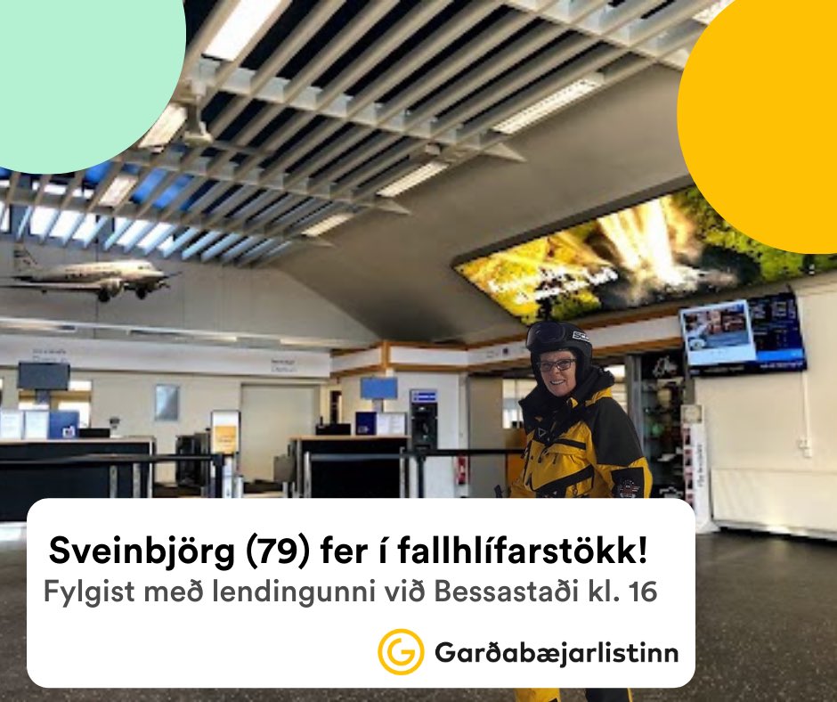 gbrlistinn's tweet photo. Fólkið á Facebook var ansi spennt í dag, 1. apríl, þegar tilkynnt var um að Sveinbjörg okkar væri á leið í fallhlífarstökk með fána (og nammi fyrir börnin) til að vekja athygli á virkni eldra fólks 🤞 https://t.co/yUwqFQ2POn