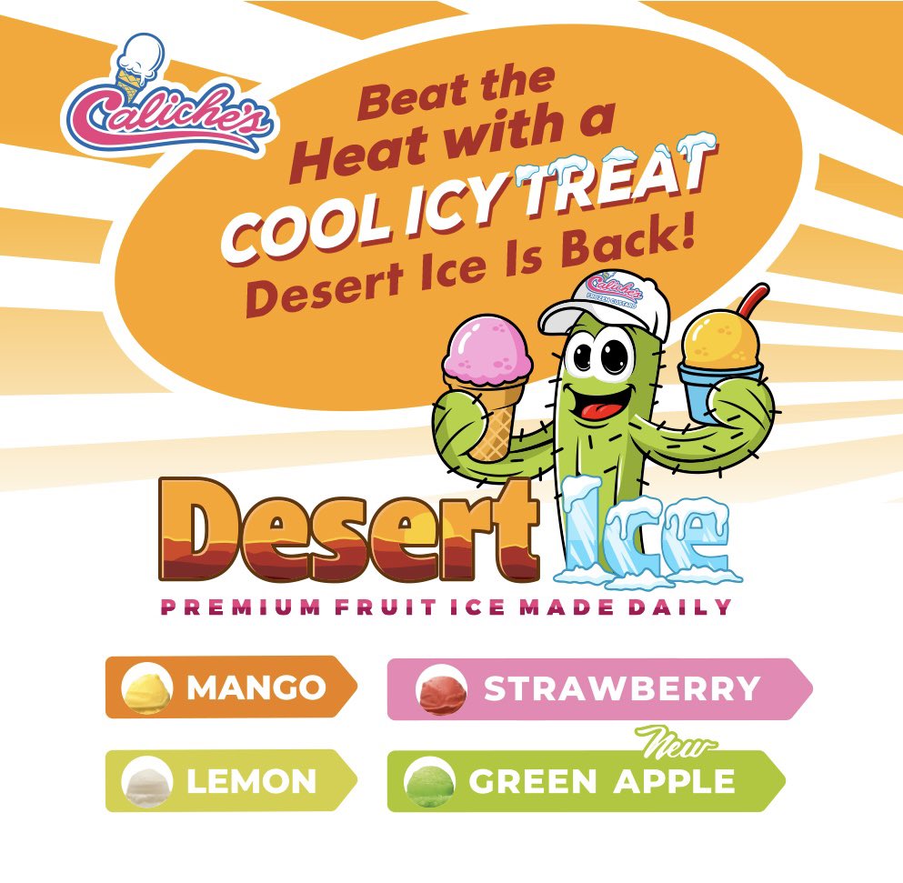 Caliches's tweet photo. We ain’t fooling around! 

Starting today, Friday, April 1, all locations will officially be serving Desert Ice! Stop by today and try one or all of our delicious four flavors! Desert Ice is the coolest Dessert in the desert! 🧊🍦🌵
.
.
.
#Caliches #LasCruces #Alamo #DesertIce https://t.co/1cSnOxhxNR