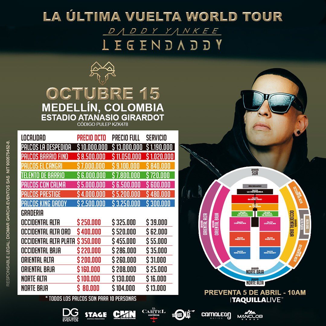 musictrendscol's tweet photo. #IMPORTANTE: Precios de boletería para @daddy_yankee en Medellín 🏟️

Preventa por @taquillalive el 5 de Abril a las 10 AM 🎟️ https://t.co/MbcEKlfMTs