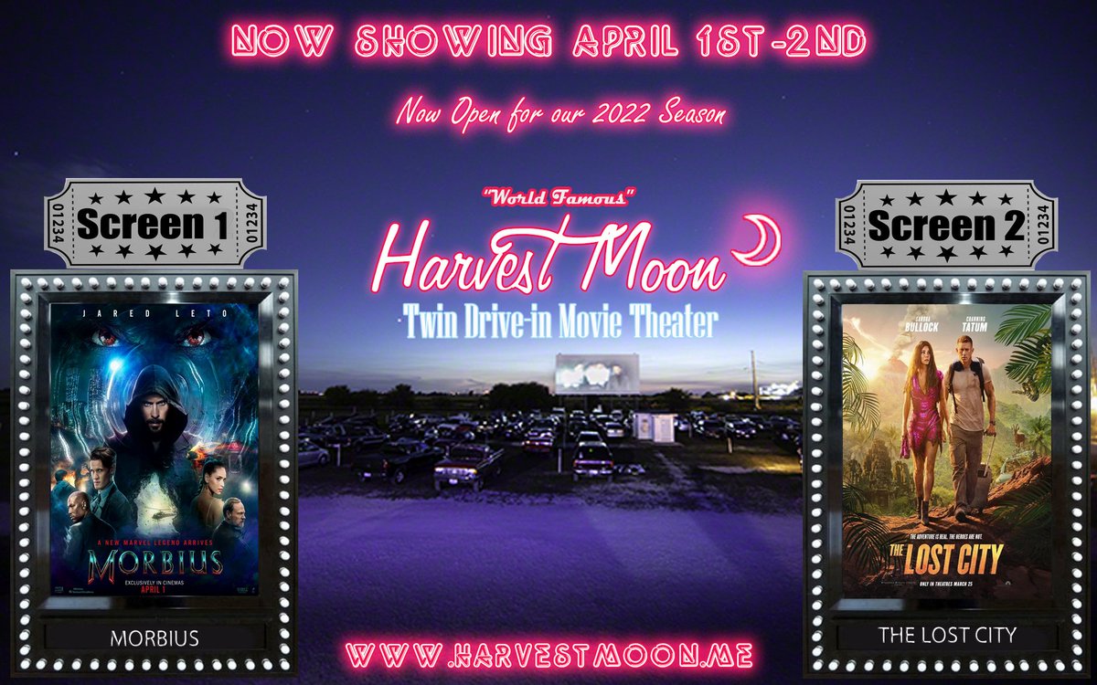harvestmoonDI's tweet photo. #tonight and tomorrow night
#morbius and #TheLostCity showing, gates open 6:30pm, 7:45 pm showtime.
Full #snackbar menu plus some really cool new #merch Come on out and make some #driveinmemories with us this weekend. This isn't a #AprilFoolsDay joke either! https://t.co/ksvv9hiJTT