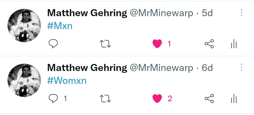 MrMinewarp's tweet photo. This is what society thinks about men, my #Womxn tweet got twice the likes as my #Mxn tweet, what does that say about society. I'll wait. https://t.co/dvtW6QqKc7