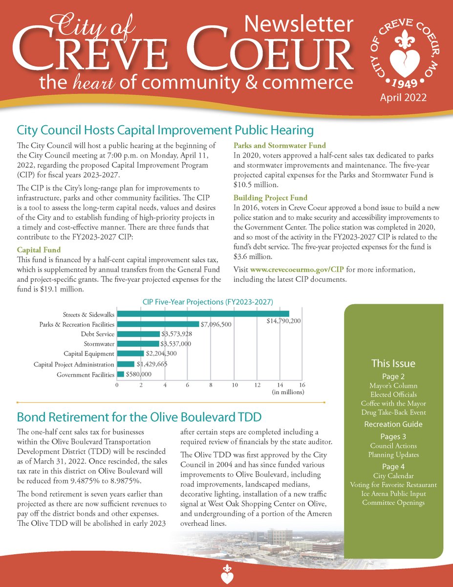 The resident newsletter for April 2022 includes a special insert with the Spring/Summer Recreation Guide! Read it online here: crevecoeurmo.gov/ArchiveCenter/…
