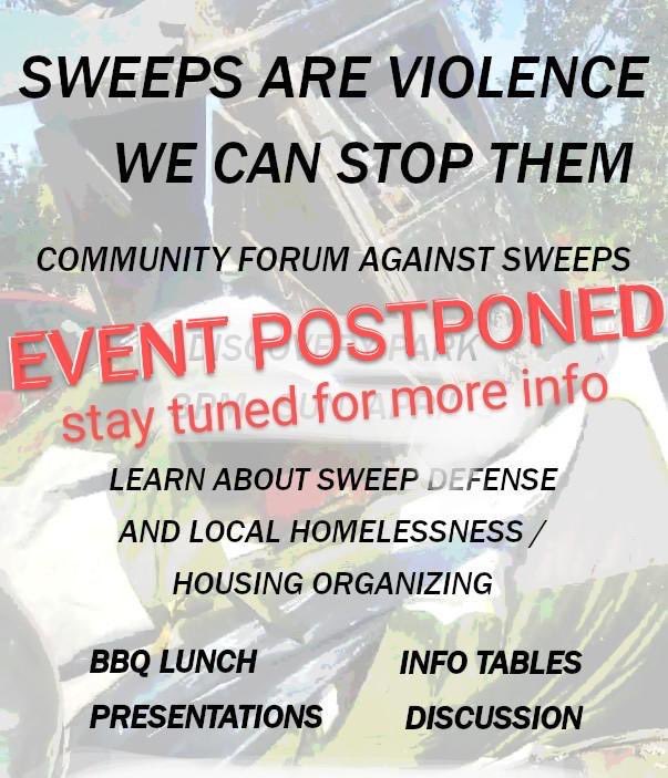 **EVENT &amp; ORG UPDATE — PLEASE SHARE WIDELY**

Due to internal changes, we are postponing our 4/3 anti-sweep rally (most likely to May 1) and also changing our name. 

Stay tuned for more details and thank you for your patience, comrades ❤️