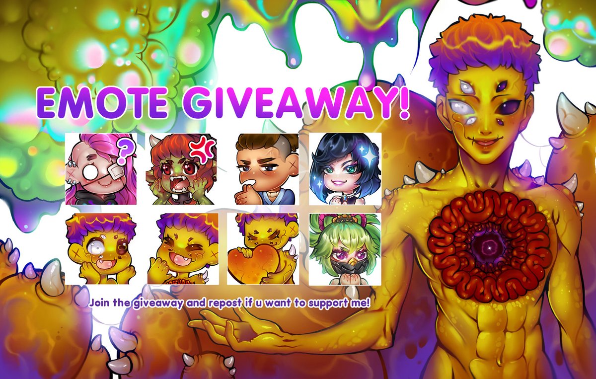 🐙👽EMOTE GIVEAWAY👽🐙

There will be 5 winners who will get 3 unique emotes of their characters. I will choose three of them in the comments🦷

How to join:
🪐Follow+Retweet
🪐Character reference(desirable)
🪐Ends May 1