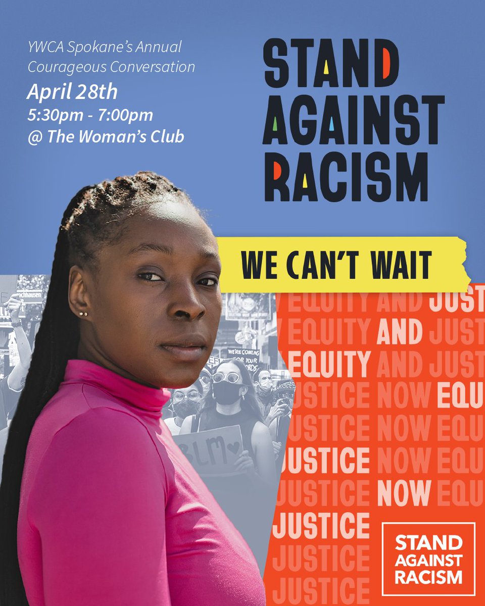 ywcaspokane's tweet photo. Join @ywcaspokane for Stand Against Racism 2022 in person or virtually on April 28th @ 5:30pm. Share about this free event and RSVP Today! https://t.co/klMobjGxSo https://t.co/QOjkh1mh8b