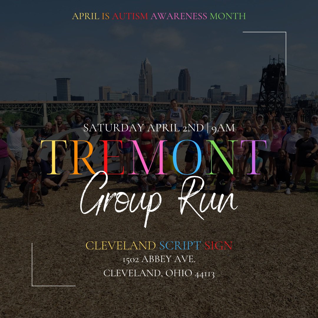 RWTWRunClub's tweet photo. Join us  tomorrow morning at 9am for our Saturday Morning Group Run in Tremont.

We will meet at the Cleveland Script Sign (1502 Abbey Ave. Cleveland, OH 44113) at 9am, and take off on our run at 9:30am.

April is #AutismAwarenessMonth , so wear your most colorful running gear! https://t.co/IHm1m7Z1Tn