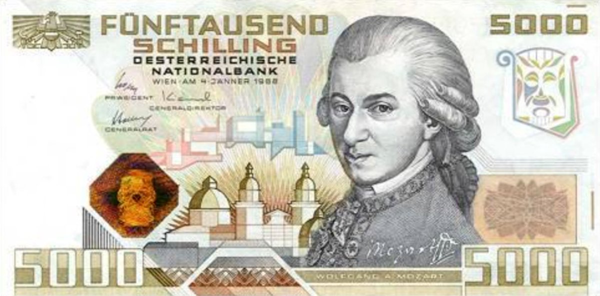 tonyprinciotti's tweet photo. Before the Euro became the standard currency, European countries placed their great composers on banknotes as symbols of national pride. Attached here are:

Chopin: 5000 Polish Zlotych
Debussy: 20 French Francs
Mozart: 5000 Austrian Schillings
Verdi: 1000 Italian Lire https://t.co/ZxC6GEV1aH