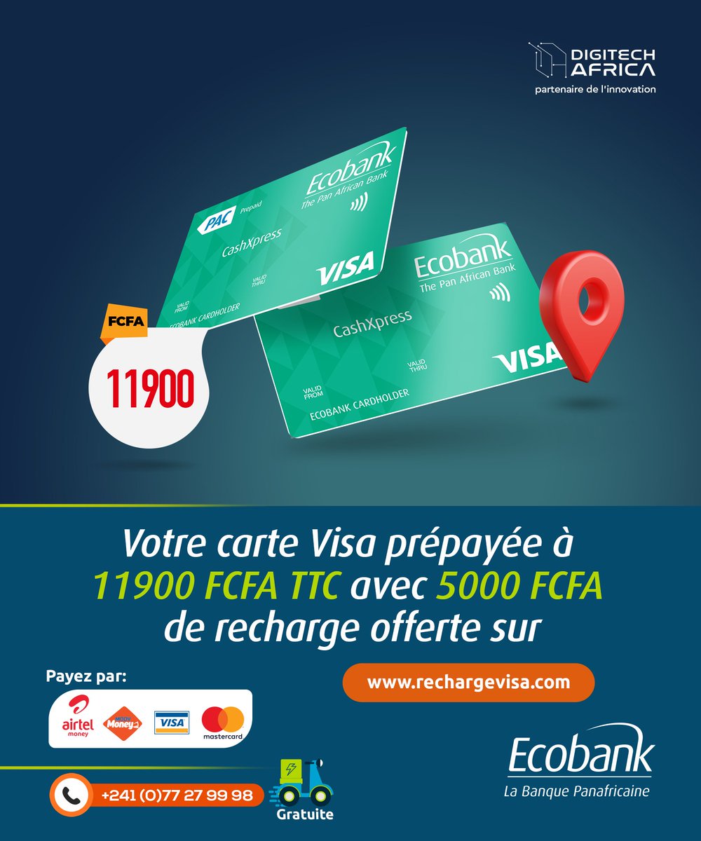 OUII!!!! C’EST BIEN + 5000 FCFA OFFERT 🥳
Achetez et rechargez votre carte Visa prépayée sur notre site depuis le comfort de chez vous !!!! 
🗣 C’est pas tout : la livraison est gratuite ✨
RDV sur 👉🏾 rechargevisa.com 
#Orabank #visa #digitechafrica