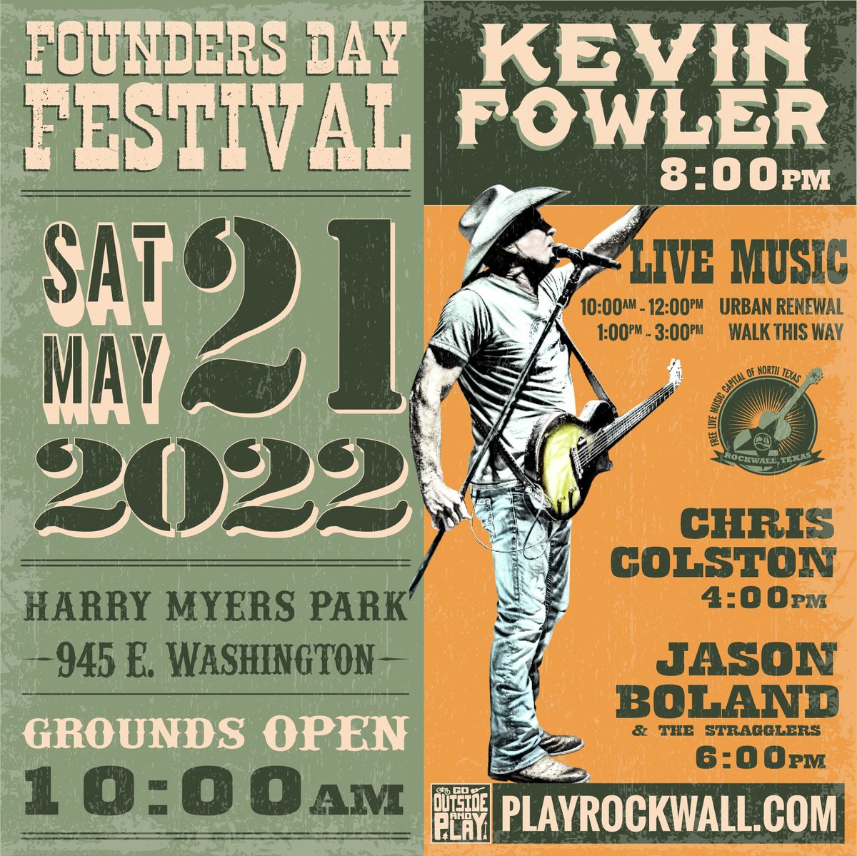 The City of Rockwall Parks and Recreation
Department is excited to announce the lineup for our
2022 Founders Day Festival! Go to PLAYROCKWALL.com for more info.