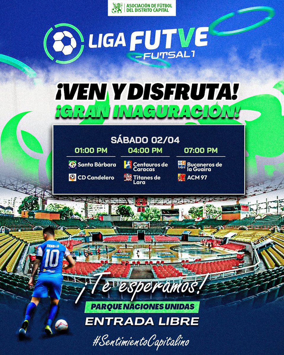 AsoFutbol_DC's tweet photo. INVITACIÓN A LA LIGA FUTVE FUTSAL ⚽📢🟢

Este sábado inicia la temporada 2022 de la @LigaFUTVESala. Junto a la @FVF_Oficial invitamos a nuestros equipos capitalinos de futsal a los partidos inaugurales.

ASISTE 🔥🔥

#SentimientoCapitalino https://t.co/me4bZzoBJB