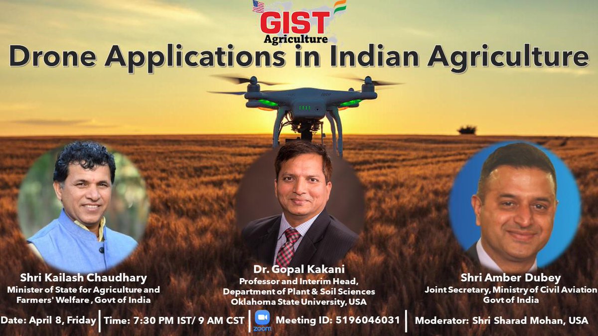 TrackGist's tweet photo. Namaste 🙏
On April 8, Friday we are organizing 2hr summit on “Drone applications in Indian Agriculture”
Shri Kailash Chaudhary Ji, Minister of State for Agriculture and Farmer’s Welfare, Govt of India will be the chief guest of the summit
Time: April 8, Friday, 7:30-9:30 PM IST https://t.co/s2aj9NmyWf