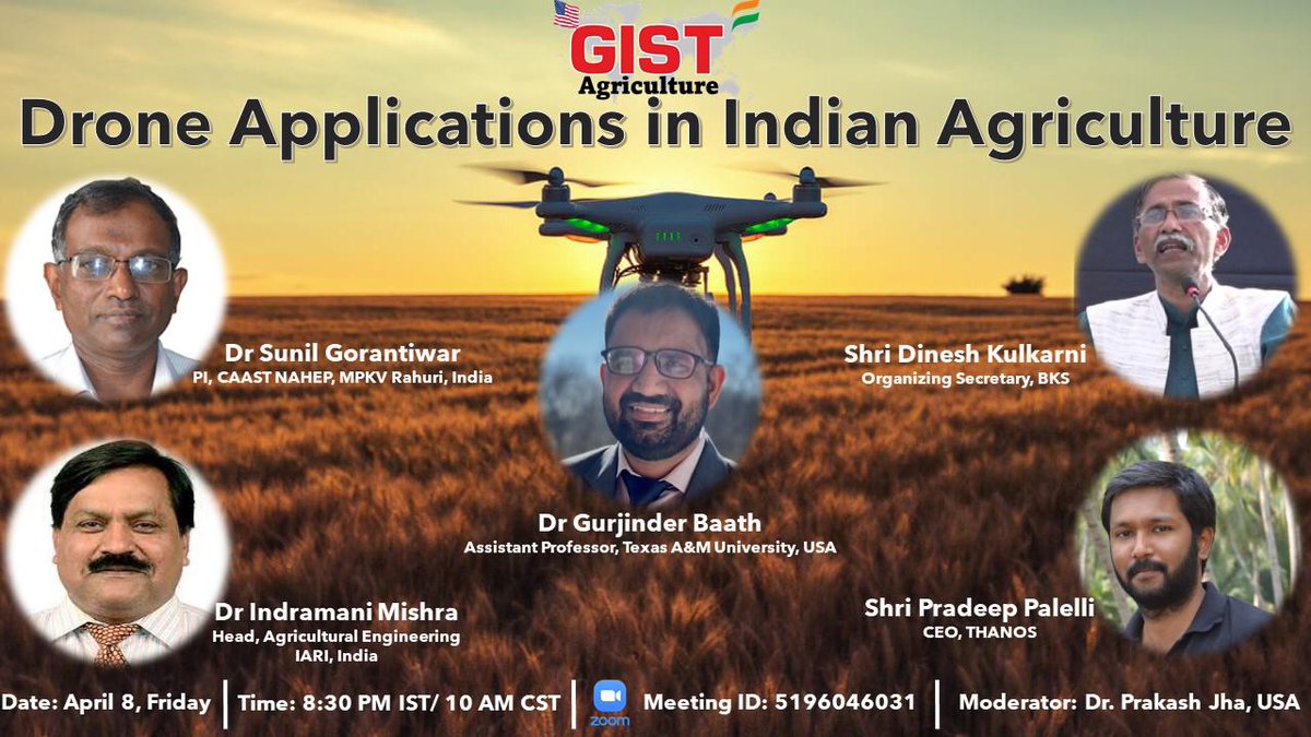 TrackGist's tweet photo. Namaste 🙏
On April 8, Friday we are organizing 2hr summit on “Drone applications in Indian Agriculture”
Shri Kailash Chaudhary Ji, Minister of State for Agriculture and Farmer’s Welfare, Govt of India will be the chief guest of the summit
Time: April 8, Friday, 7:30-9:30 PM IST https://t.co/s2aj9NmyWf