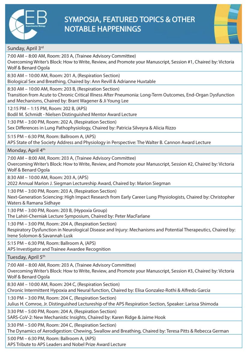 APSRespiration's tweet image. Don’t forget to add these exciting respiration section related events to your #ExpBio itinerary! 
@APSPhysiology #ResPhys