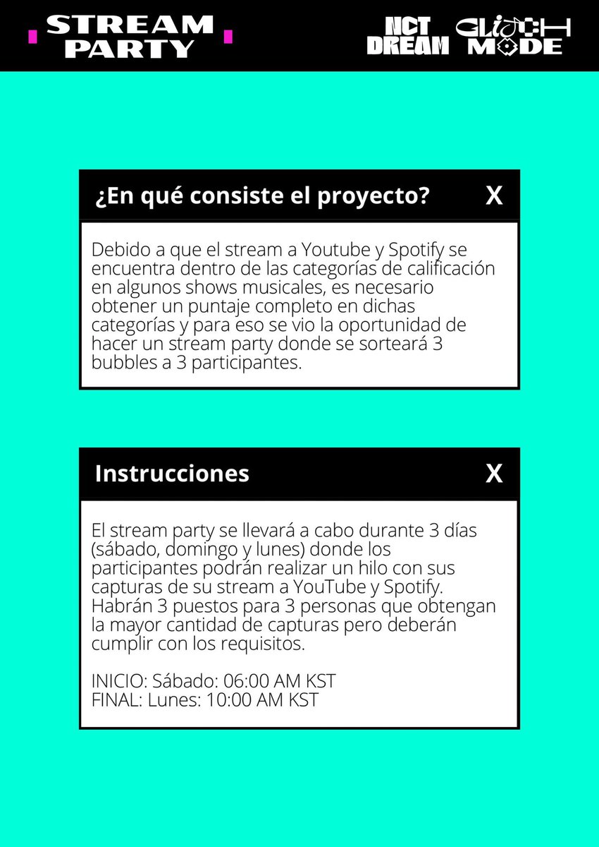 fullsunismm's tweet photo. 📢 ❗️| Este sábado se realizará un stream party a #GlitchMode enfocado en YouTube y Spotify con duración de 3 días, donde se sortearán 3 bubbles. ¡Más información en los banners! 

🗓: Sábado - Lunes
⏰: 06:00 AM KST

#NCTDREAM_GlitchMode
#GLITCH_PARTY #NCTDREAM @NCTsmtown_DREAM https://t.co/FdbDYgYQA9