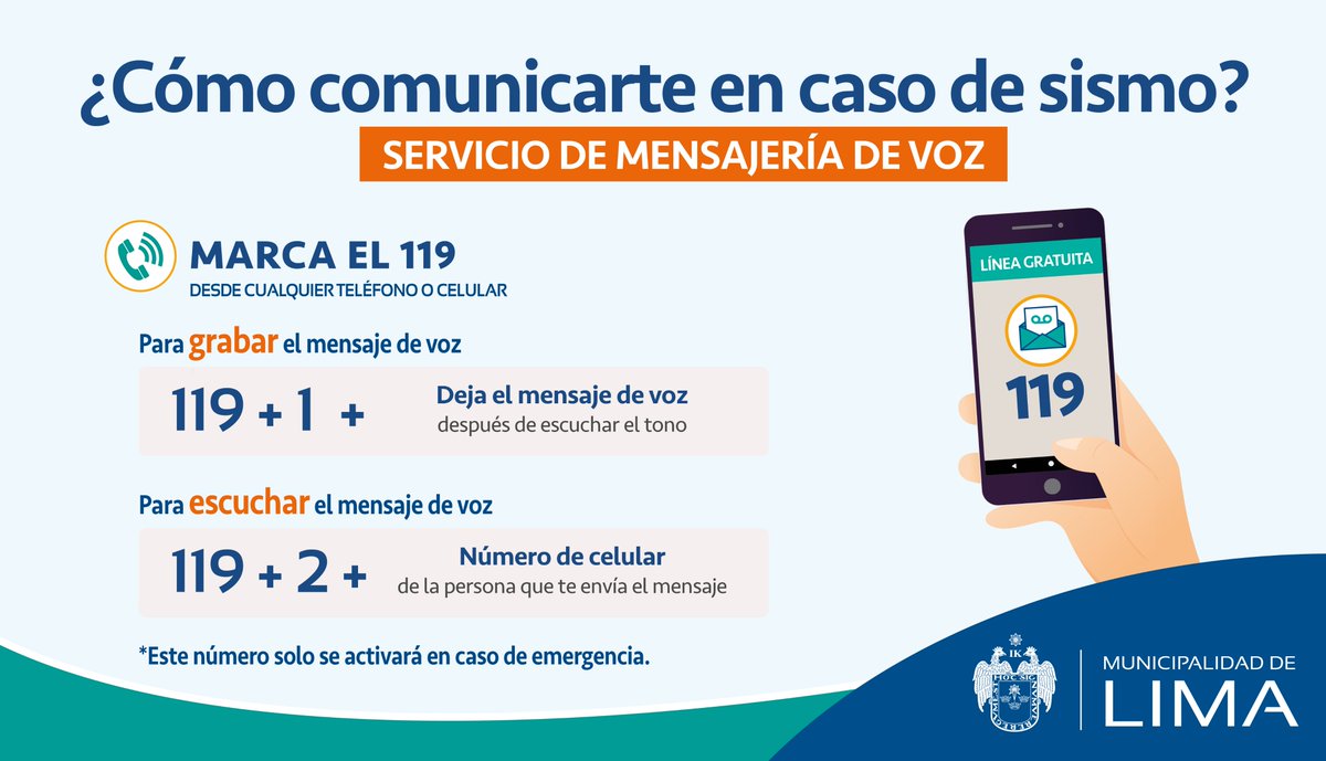 📱 Tras un sismo de más de 8 grados Mw, recuerda que se habilita el servicio gratuito de mensajería de voz 119.

☝️ Guarda esta información para conocer cómo podrás comunicarte con tus seres queridos sin saturar las líneas telefónicas.