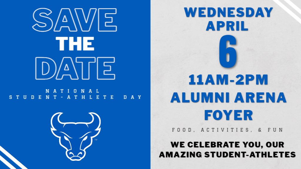 🚨Student-Athletes🚨
Come out Wednesday, April 6 from 11:00am-2:00pm to celebrate National Student-Athlete Day with UB Athletics! 🤘💙🤍