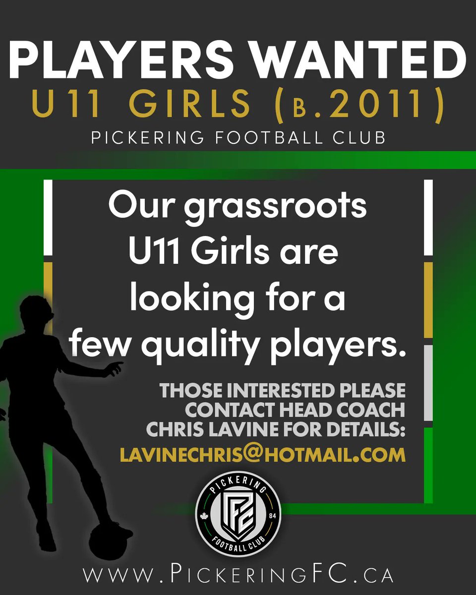 PickeringFC's tweet photo. ‼️Our U11 Girls Grassroots team is looking for players‼️Female players born in 2011⠀
⠀
Those interested are asked to contact Head Coach Chris Lavine: lavinechris@hotmail.com⠀
⠀
#DestinationClub #Dare2Compare https://t.co/dzpJgIBEsV