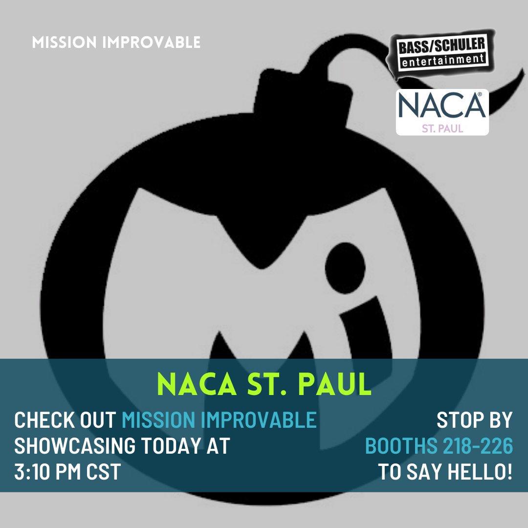 BassSchuler's tweet photo. Hey #NACAStPaul, check out
Mission IMPROVable who will be showcasing TODAY at 3:10 PM! #MissionImprovable #ImprovComedy #showcasingartist #BassSchulerEntertainment #BSEAgency #StudentActivities #CampusActivities https://t.co/IVDIOX0WVz