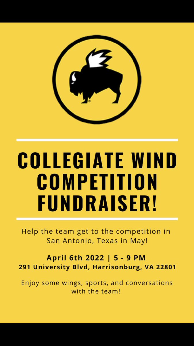 tridentwindco's tweet photo. Don forget our fundraiser night is this Wednesday, April 6th at Buffalo Wild Wings !!!! Here’s the address:
291 University Blvd
Unit A
Harrisonburg, VA  22801
United States
Just show them a ticket from your phone; you can screen shot here!!#CollegiateWind https://t.co/x4HSCmSa76