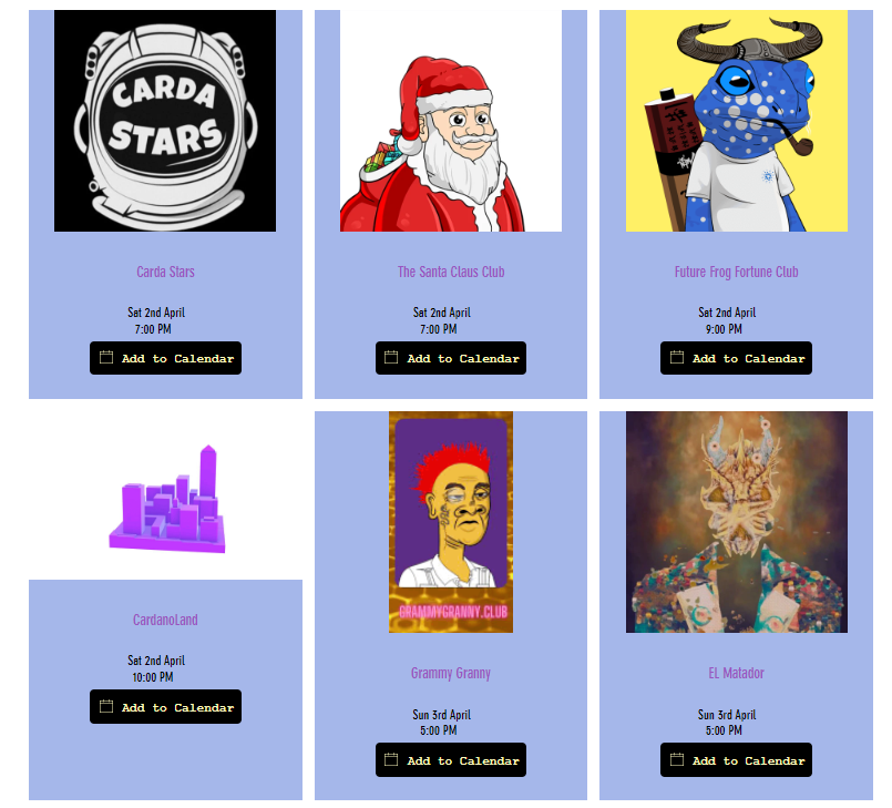 Minting today on #Cardano: Friday, April 1st.
*Times in UTC
<a href="/NP_DemonS/">Night Parade Of 100 Demons</a> <a href="/CoolpacasNFT/">Coolpacas CNFT 📢 MINT NOW</a> <a href="/Crypto_Slingers/">CryptoSlingers</a> @fengu_nft <a href="/smokekongz/">SmokeKongz | PUBLIC MINT 02ND APRIL 15:00 UTC</a> <a href="/AutismArmyNFT/">AutismArmyNFT~Minting Is Live</a> @CardaStars @TheSantaClausC @FutureFrogFC @CardanoLandCNFT

wencnft.com
#CNFT $ADA #NFT