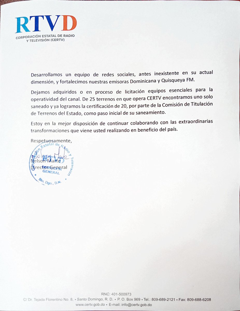 NelsonAmarte's tweet photo. Recomendación medica me obliga a renuncia como director de CERTV, renovados éxitos a quien me sustituya. Gracias, presidente Abinader por permitirnos cosechar notables éxitos en nuestra gestión. Dispuesto a seguir colaborando como sea posible con el Cambio. https://t.co/8vETVVRiDD