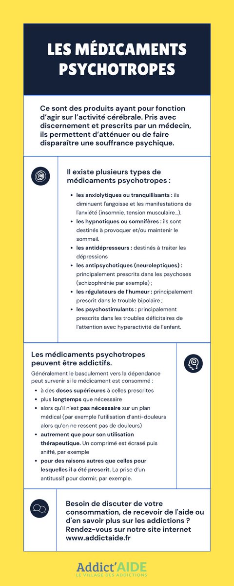 Addict_Aide's tweet photo. [INFOGRAPHIE]
Les #médicaments psychoactifs permettent d’atténuer ou de faire disparaître une souffrance psychique mais, sous certaines conditions, ils peuvent aussi créer une dépendance.
Retrouvez notre infographie sur le sujet.
➡️ Pour en savoir plus : https://t.co/8iSPJDTwEz https://t.co/SrhpGppAaf