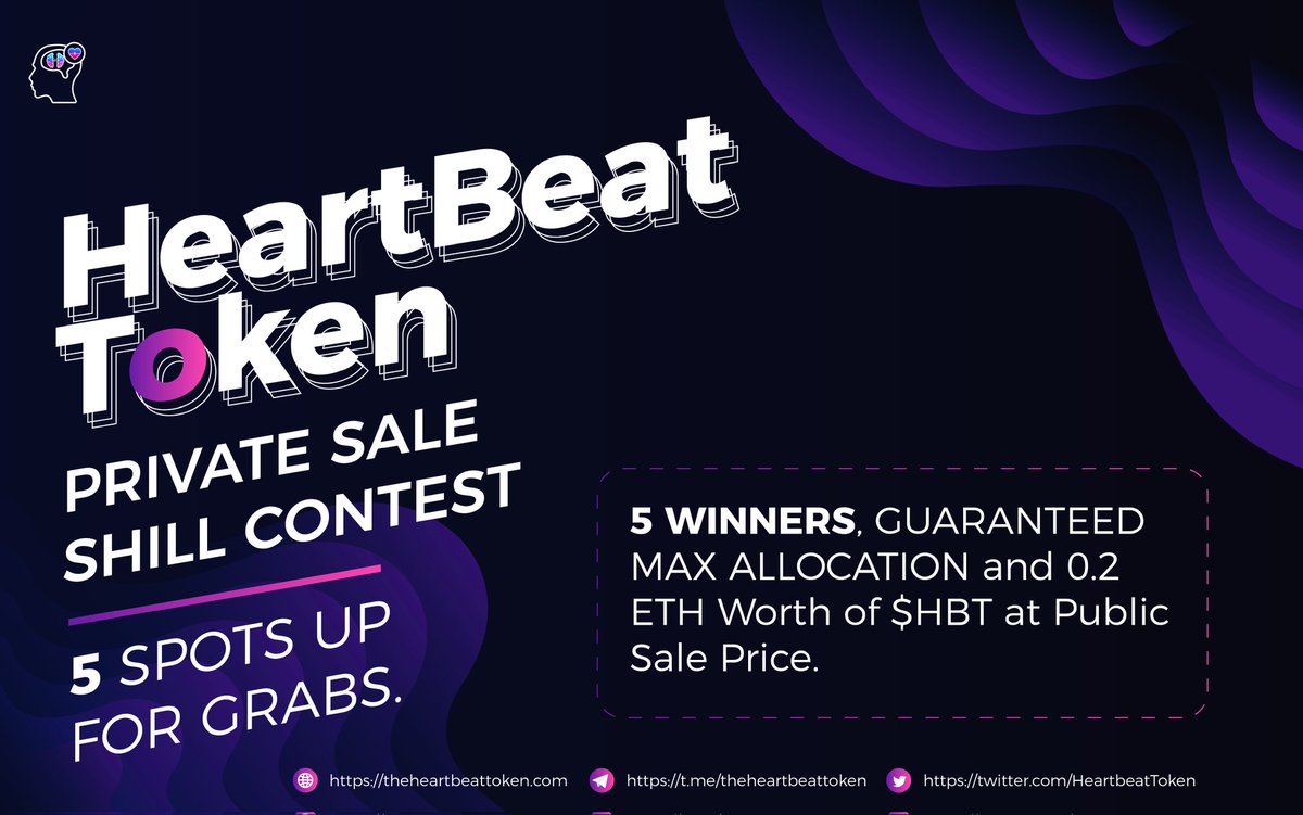 HeartbeatToken's tweet photo. 🧠💔Check this!

🏅 $HBT PRIVATE SALE SHILL CONTEST

💲 5 Guaranteed private sale allocation spots.

Task:

✅ Join HeartBeat Tg: https://t.co/lKoCecfQTT
✅ Add at least two friends.
✅ or Try to shill the HeartBeat Telegram Chat.
✅ Send Screenshots to @Te3mStoic

ENDS in 24 hrs https://t.co/EjQq9akQiF
