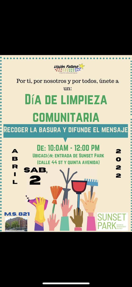SunsetParkPrep's tweet photo. Join the Sunset Park community in a clean-up day TOMORROW, 4/2! Starts at 10am at the 44th and 5th park entrance. https://t.co/nDZNS8W2dp